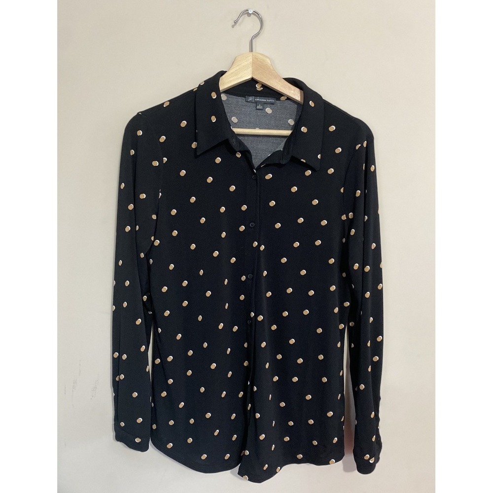 Adrianna Papell Polka Dot Print Button Down Long Sleeve Black Shirt Size Small